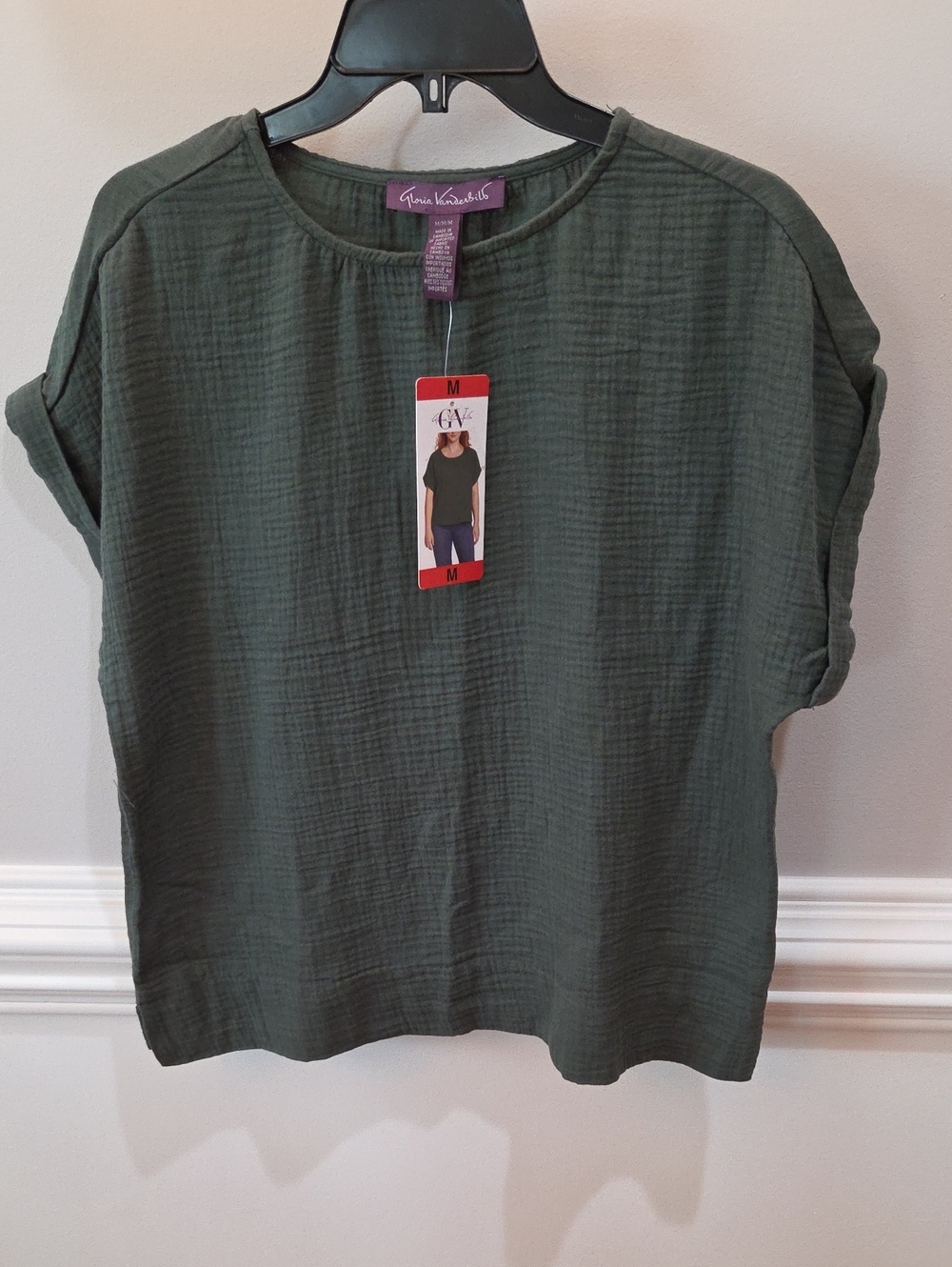 Gloria Vanderbilt Olive Green Cotton Gauze Short Sleeve Tee